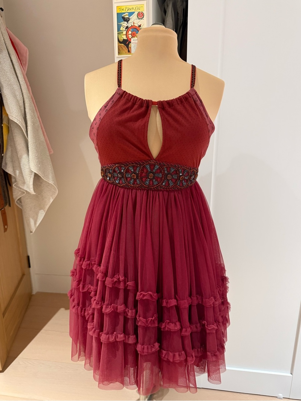 NWT Vintage Free People Beaded Mesh Keyhole Babydoll Dress